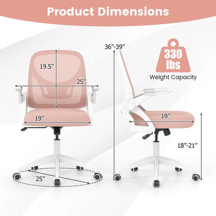 Ergonomic Computer Desk Chair with Lumbar Support and Flip-up Arms-Pink - Pink - Ergonomic Chairs