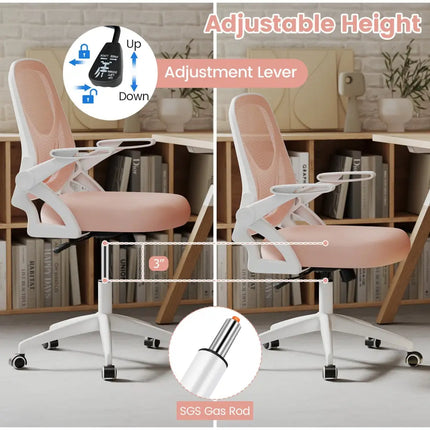 Ergonomic Computer Desk Chair with Lumbar Support and Flip-up Arms-Pink - Pink - Ergonomic Chairs