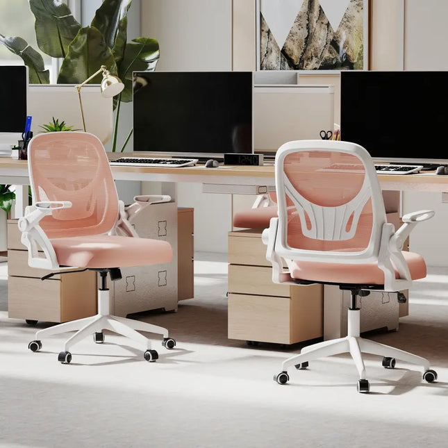 Ergonomic Computer Desk Chair with Lumbar Support and Flip-up Arms-Pink - Pink - Ergonomic Chairs