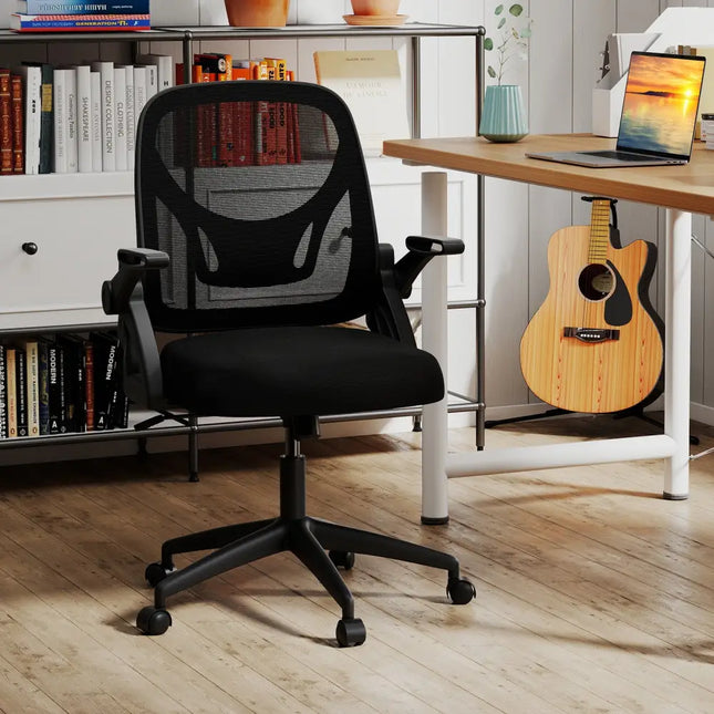 Ergonomic Computer Desk Chair with Lumbar Support and Flip-up Arms-Black - Black - Ergonomic Chairs