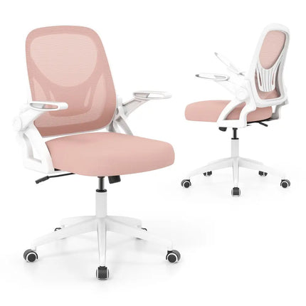 Ergonomic Computer Desk Chair with Lumbar Support and Flip-up Arms-Pink - Pink - Ergonomic Chairs