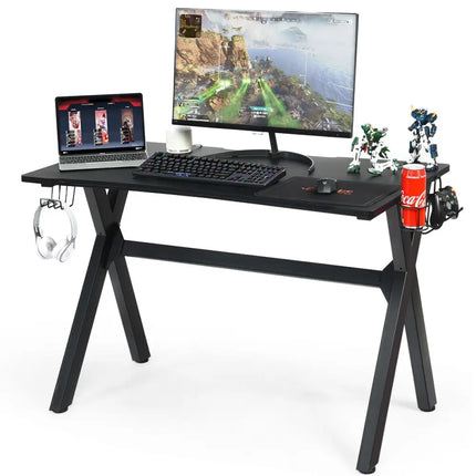 Ergonomic Gaming Desk with Mousepad and Cup Headphone Holder - Black - Gaming Desks