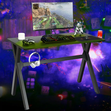 Ergonomic Gaming Desk with Mousepad and Cup Headphone Holder - Black - Gaming Desks
