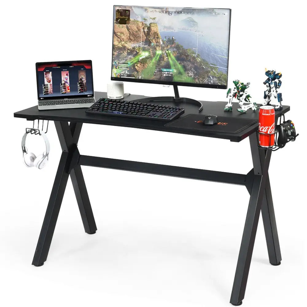 Ergonomic Gaming Desk with Mousepad and Cup Headphone Holder - Black - Gaming Desks