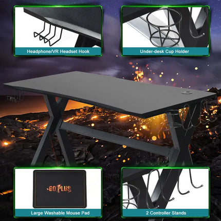 Ergonomic Gaming Desk with Mousepad and Cup Headphone Holder - Black - Gaming Desks