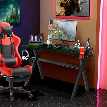 Ergonomic Gaming Desk with Mousepad and Cup Headphone Holder - Black - Gaming Desks