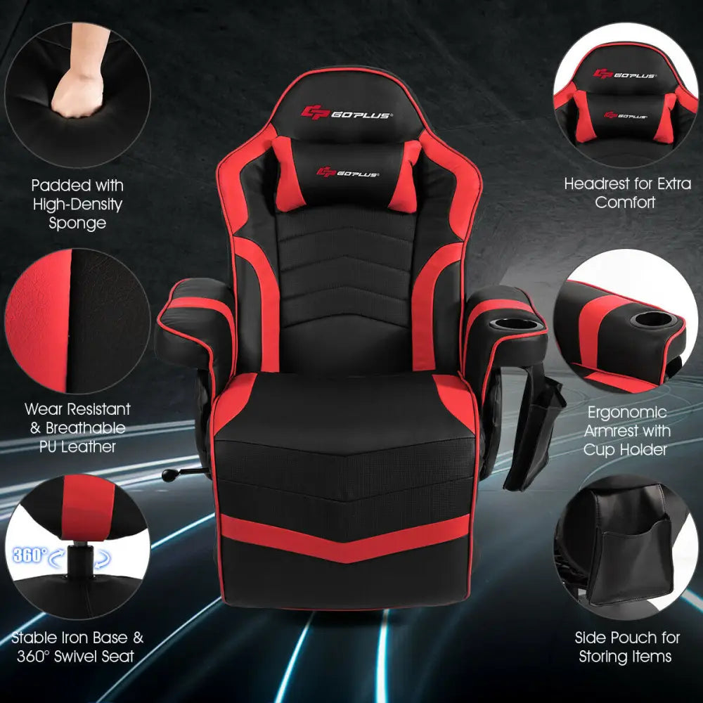 Ergonomic High Back Massage Gaming Chair Gaming Recliner with Pillow-Red - Red - Gaming Chairs
