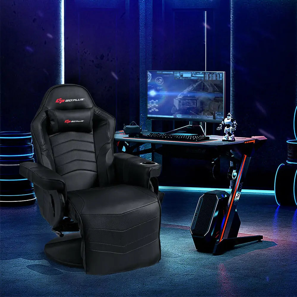 Ergonomic High Back Massage Gaming Chair with Pillow-Black - Black - Gaming Chairs