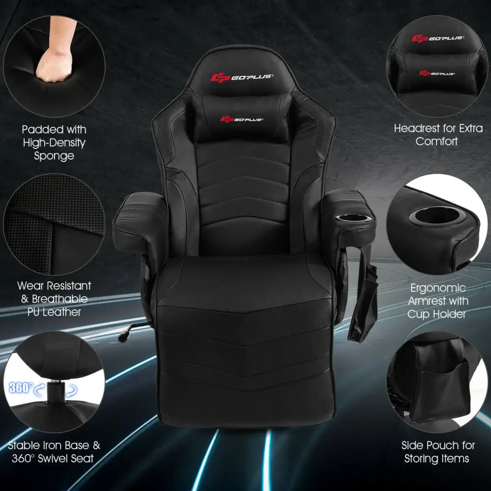 Ergonomic High Back Massage Gaming Chair with Pillow-Black - Black - Gaming Chairs