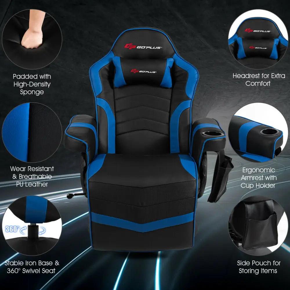 Ergonomic High Back Massage Gaming Chair with Pillow-Blue - Blue - Gaming Chairs