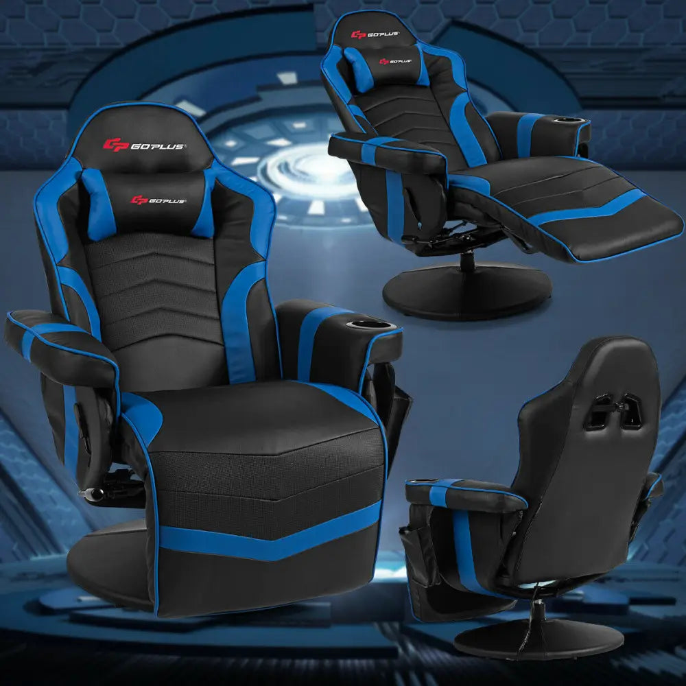 Ergonomic High Back Massage Gaming Chair with Pillow-Blue - Blue - Gaming Chairs