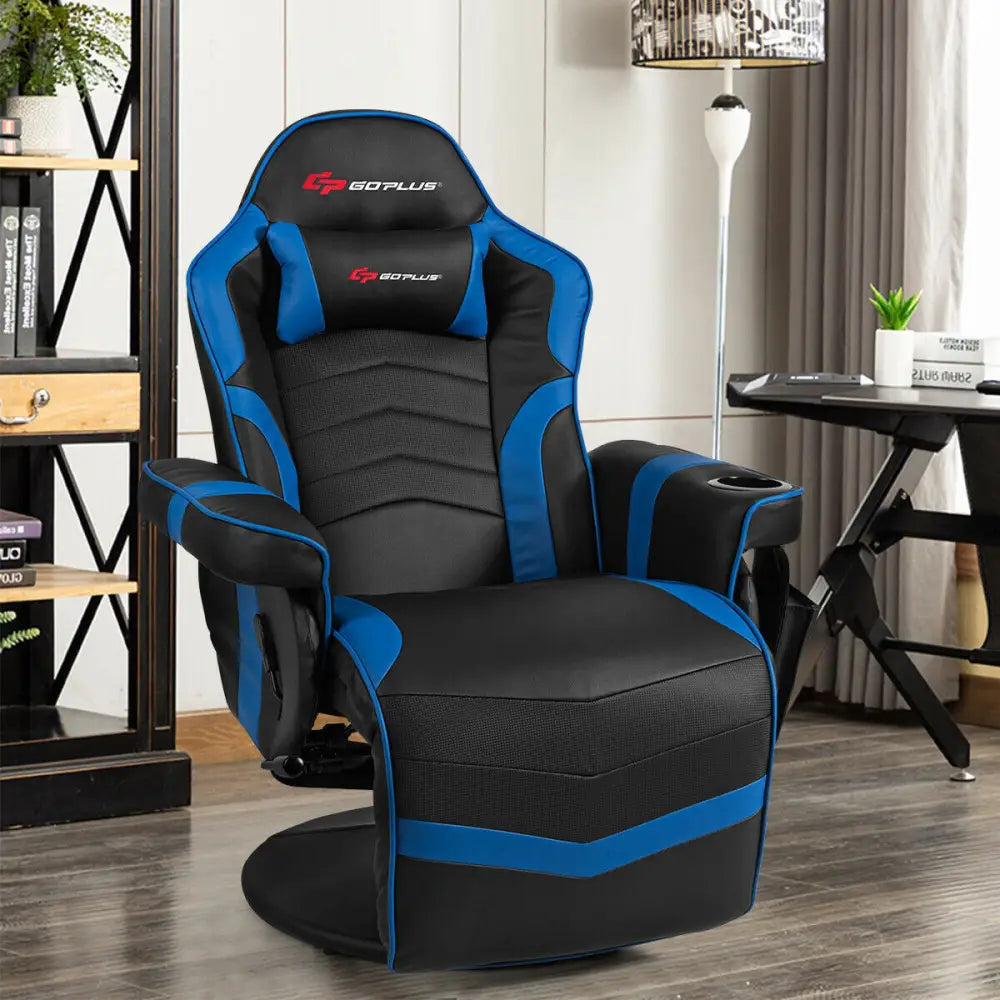 Ergonomic High Back Massage Gaming Chair with Pillow-Blue - Blue - Gaming Chairs