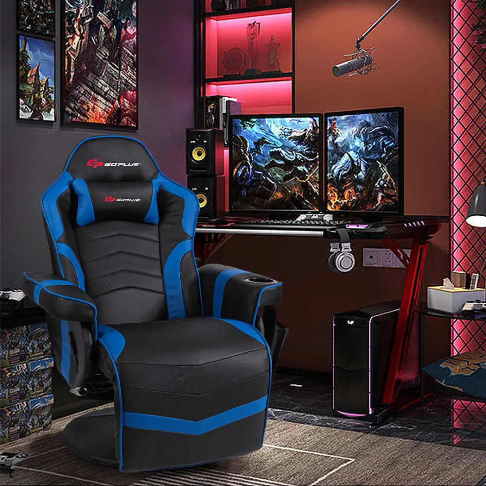 Ergonomic High Back Massage Gaming Chair with Pillow-Blue - Blue - Gaming Chairs