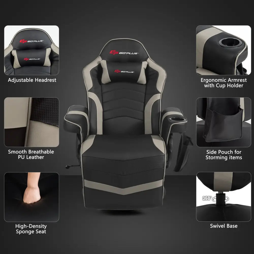 Ergonomic High Back Massage Gaming Chair with Pillow-Gray - Gray - Gaming Chairs