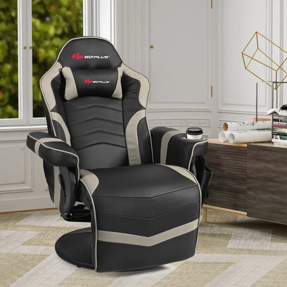 Ergonomic High Back Massage Gaming Chair with Pillow-Gray - Gray - Gaming Chairs