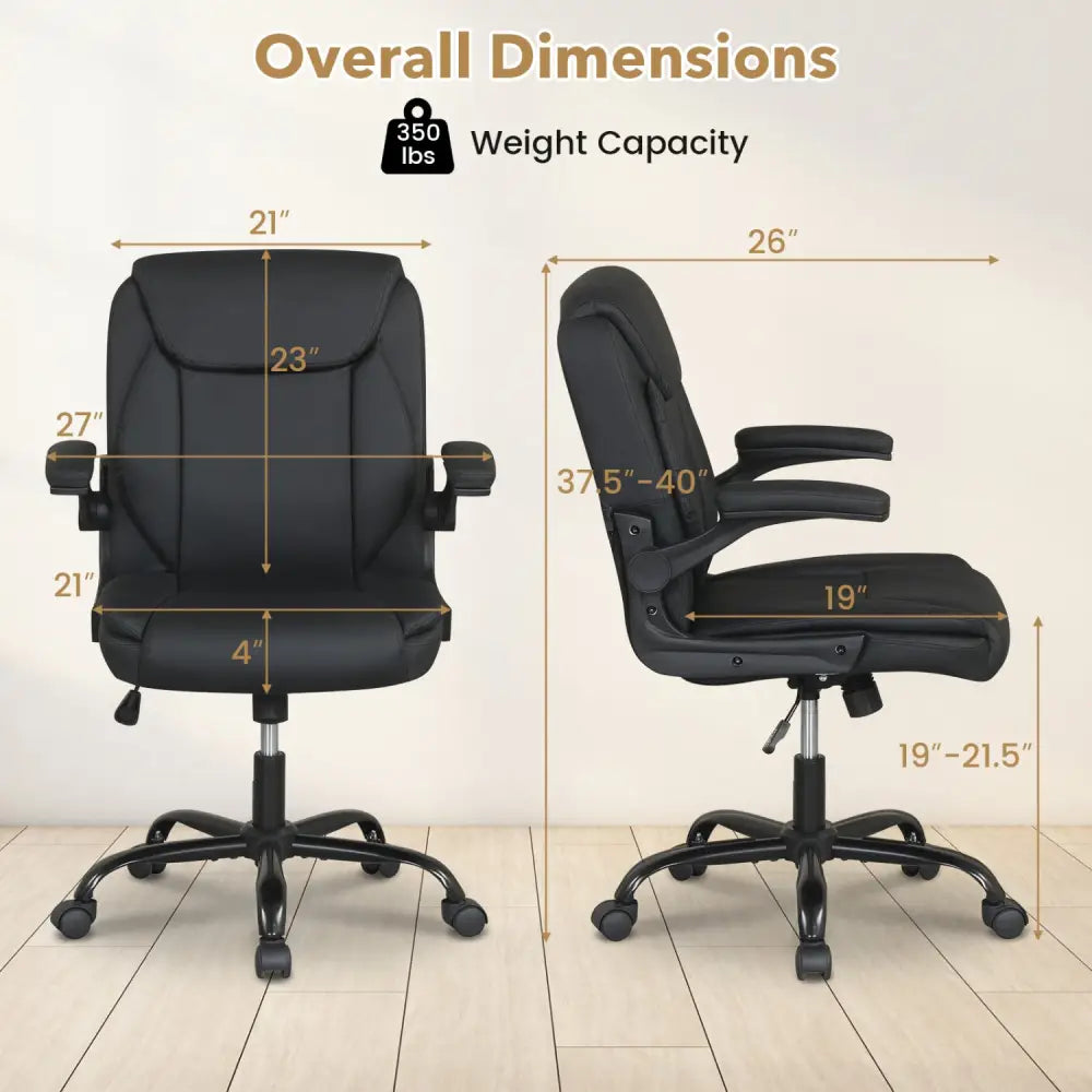 Ergonomic Leather Office Chair with Flip-up Armrests and Rocking Function-Black - Black - Ergonomic Chairs