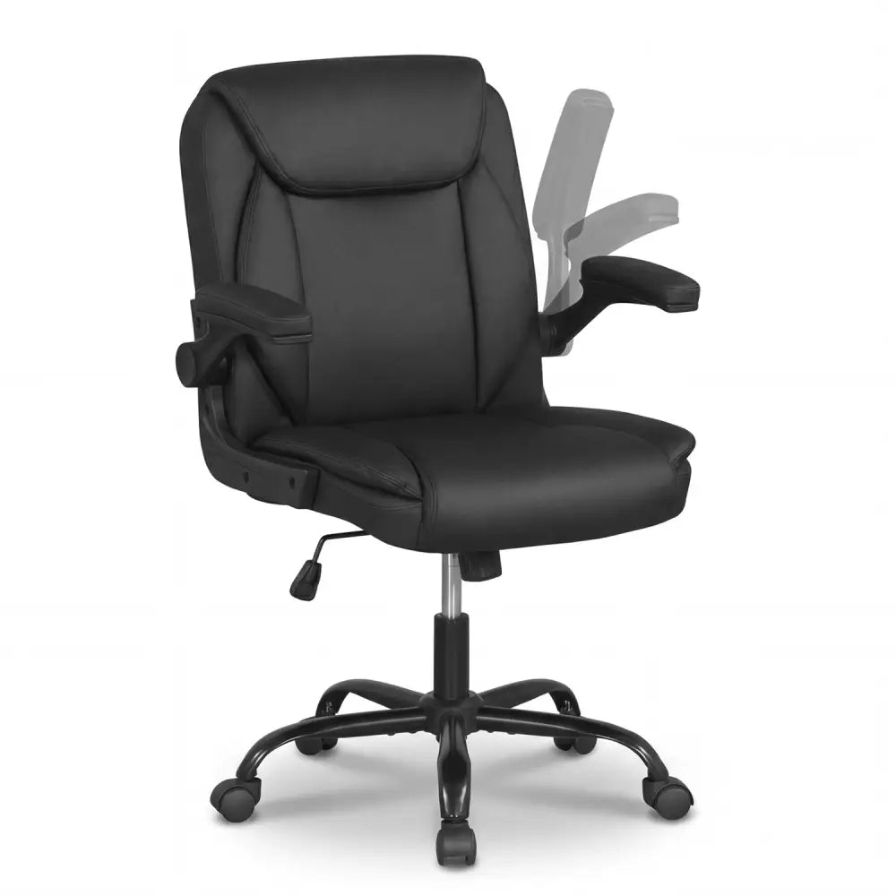 Ergonomic Leather Office Chair with Flip-up Armrests and Rocking Function-Black - Black - Ergonomic Chairs