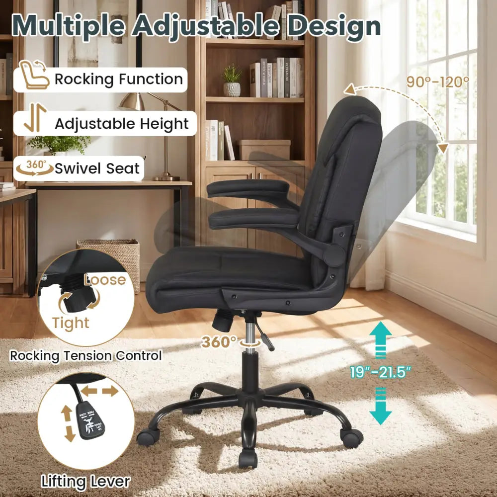 Ergonomic Leather Office Chair with Flip-up Armrests and Rocking Function-Black - Black - Ergonomic Chairs