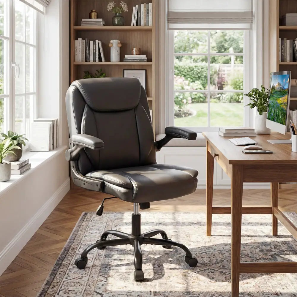 Ergonomic Leather Office Chair with Flip-up Armrests and Rocking Function-Black - Black - Ergonomic Chairs