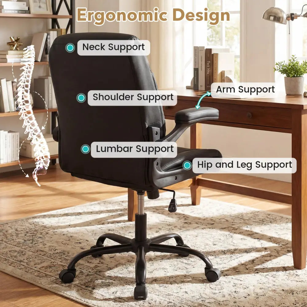 Ergonomic Leather Office Chair with Flip-up Armrests and Rocking Function-Black - Black - Ergonomic Chairs