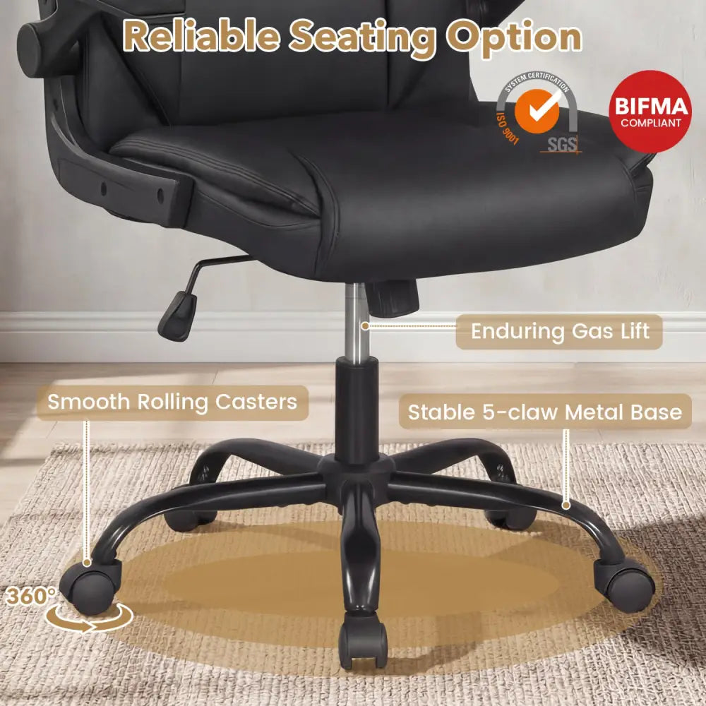 Ergonomic Leather Office Chair with Flip-up Armrests and Rocking Function-Black - Black - Ergonomic Chairs