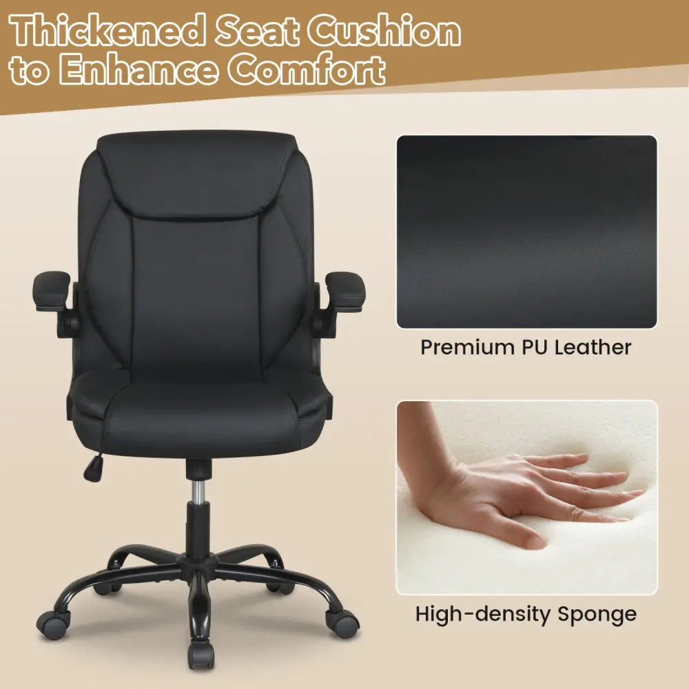 Ergonomic Leather Office Chair with Flip-up Armrests and Rocking Function-Black - Black - Ergonomic Chairs