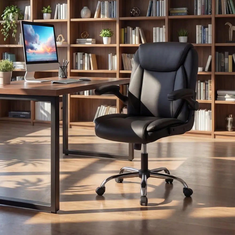 Ergonomic Leather Office Chair with Flip-up Armrests and Rocking Function-Black - Black - Ergonomic Chairs