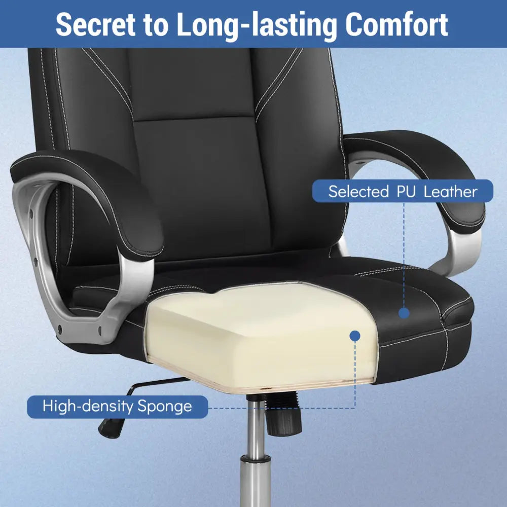 Ergonomic Leather Office Chair with Padded Armrests and Rocking Backrest-Black - Black - Ergonomic Chairs