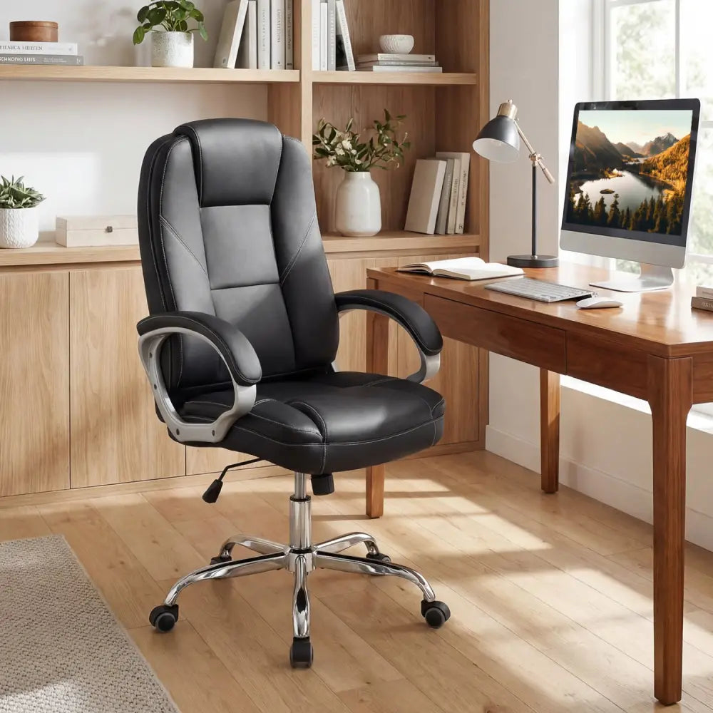 Ergonomic Leather Office Chair with Padded Armrests and Rocking Backrest-Black - Black - Ergonomic Chairs