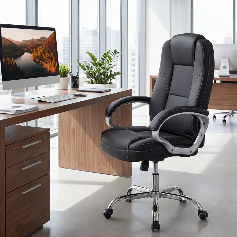 Ergonomic Leather Office Chair with Padded Armrests and Rocking Backrest-Black - Black - Ergonomic Chairs