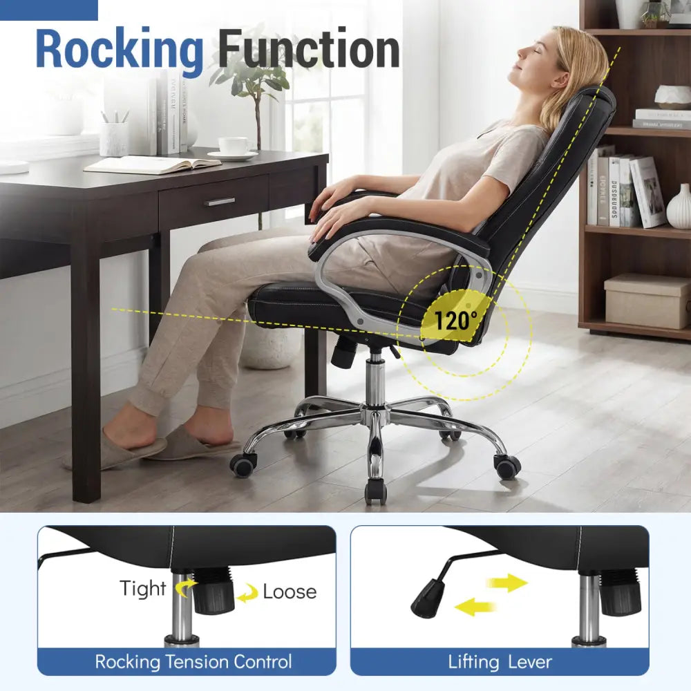 Ergonomic Leather Office Chair with Padded Armrests and Rocking Backrest-Black - Black - Ergonomic Chairs