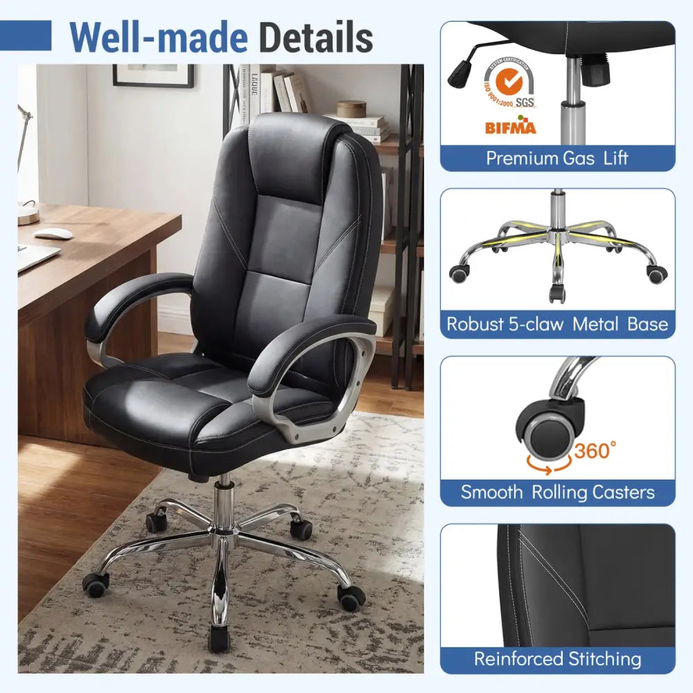 Ergonomic Leather Office Chair with Padded Armrests and Rocking Backrest-Black - Black - Ergonomic Chairs