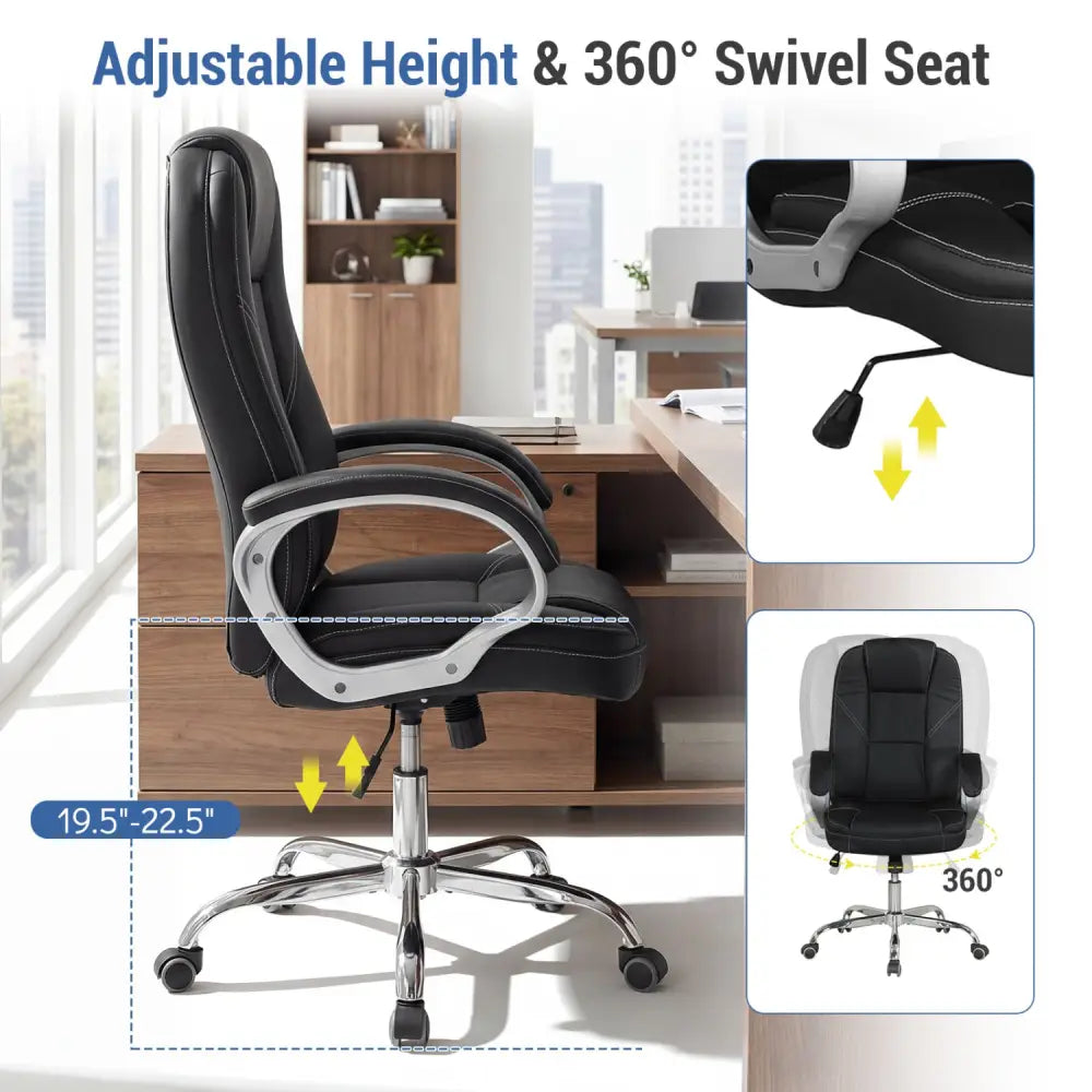 Ergonomic Leather Office Chair with Padded Armrests and Rocking Backrest-Black - Black - Ergonomic Chairs