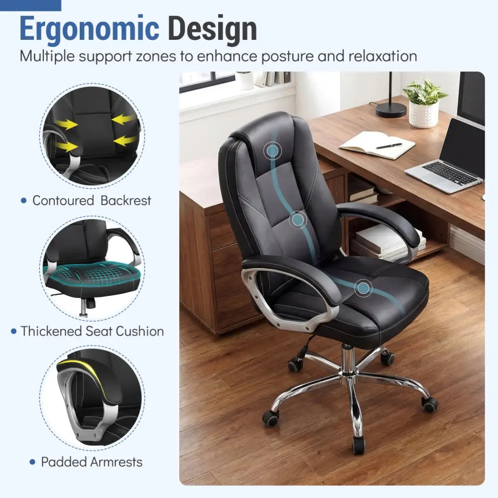 Ergonomic Leather Office Chair with Padded Armrests and Rocking Backrest-Black - Black - Ergonomic Chairs