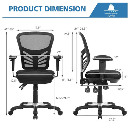 Ergonomic Mesh Office Chair with Adjustable Back Height and Armrests-Black - Black - Ergonomic Chairs