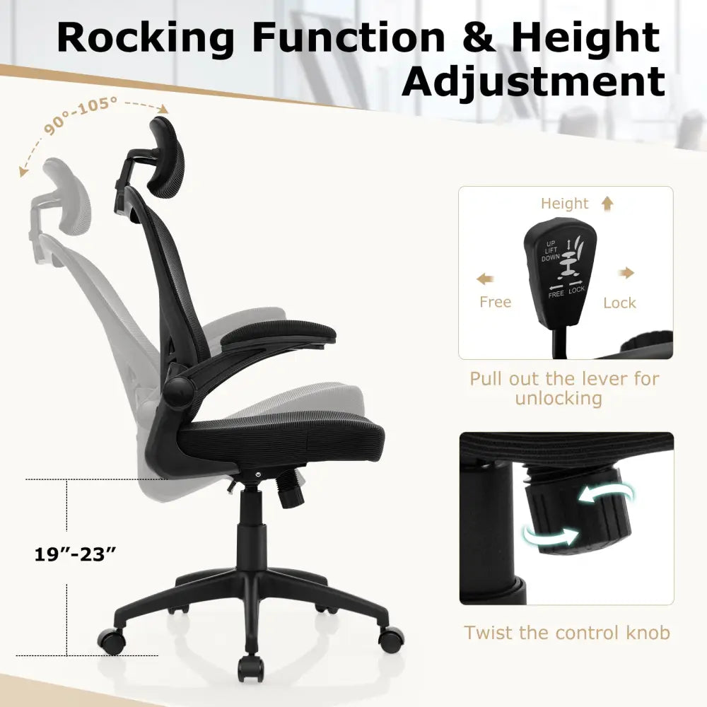 Ergonomic Mesh Office Chair with Adjustable Height for Home Office-Black - Black - Ergonomic Chairs