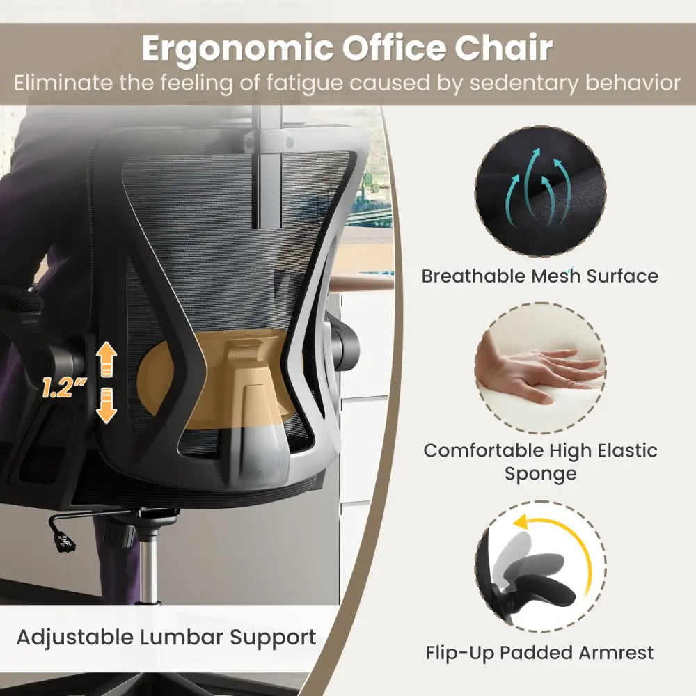 Ergonomic Mesh Office Chair with Adjustable Lumbar Support and Flip-up Armrests-Black - Black - Ergonomic Chairs