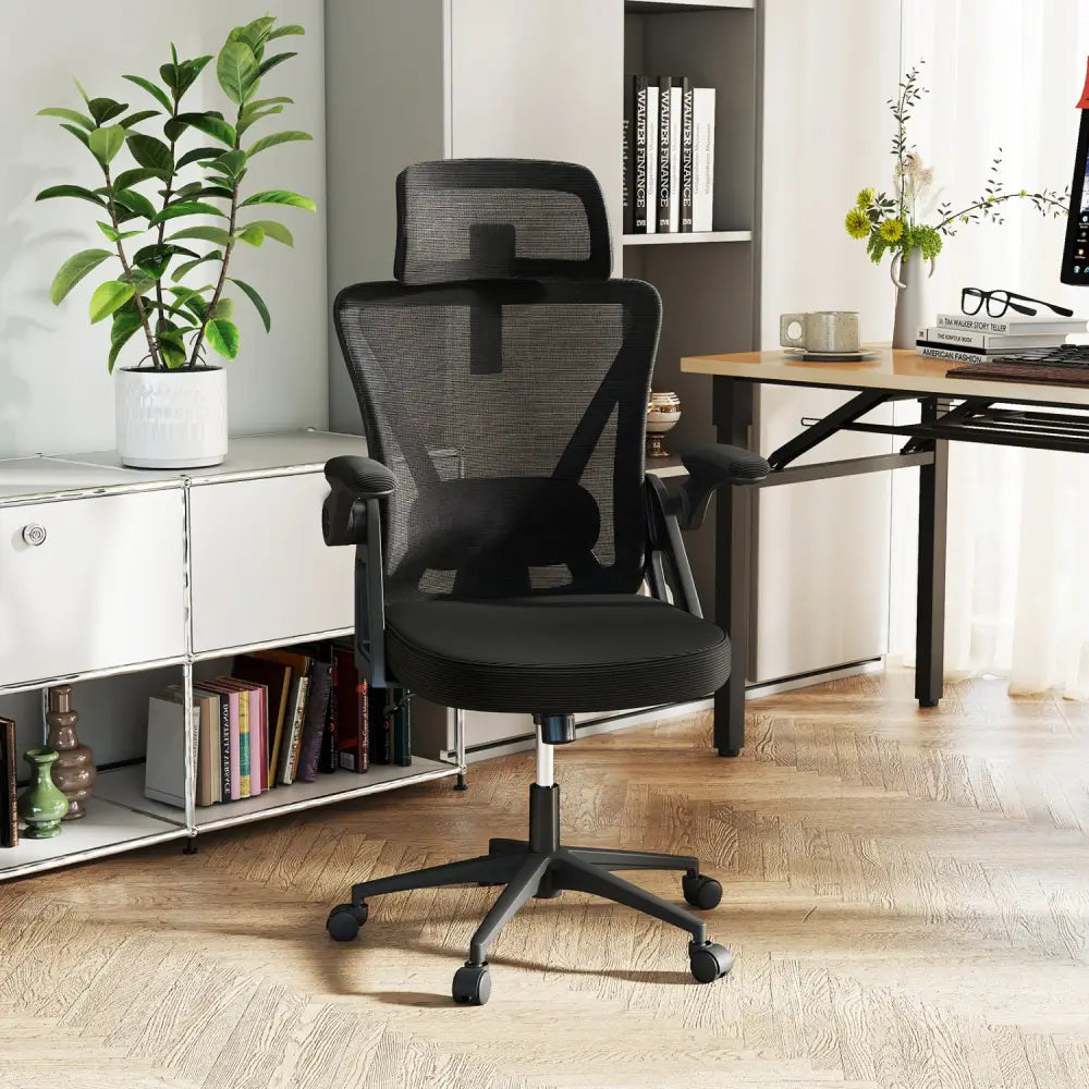 Ergonomic Mesh Office Chair with Adjustable Lumbar Support and Flip-up Armrests-Black - Black - Ergonomic Chairs