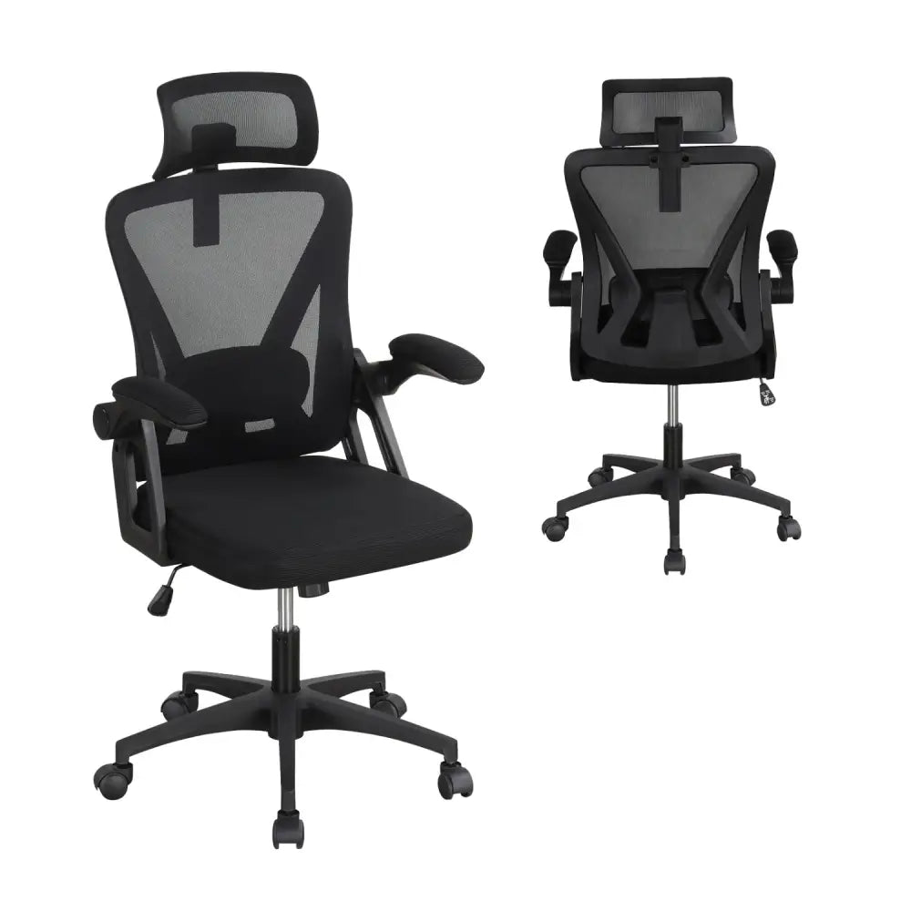 Ergonomic Mesh Office Chair with Adjustable Lumbar Support and Flip-up Armrests-Black - Black - Ergonomic Chairs