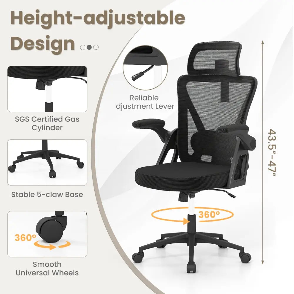 Ergonomic Mesh Office Chair with Adjustable Lumbar Support and Flip-up Armrests-Black - Black - Ergonomic Chairs