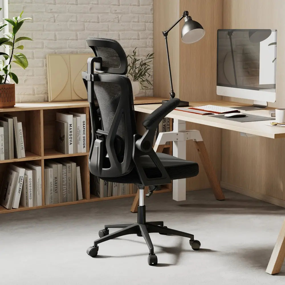 Ergonomic Mesh Office Chair with Adjustable Lumbar Support and Flip-up Armrests-Black - Black - Ergonomic Chairs