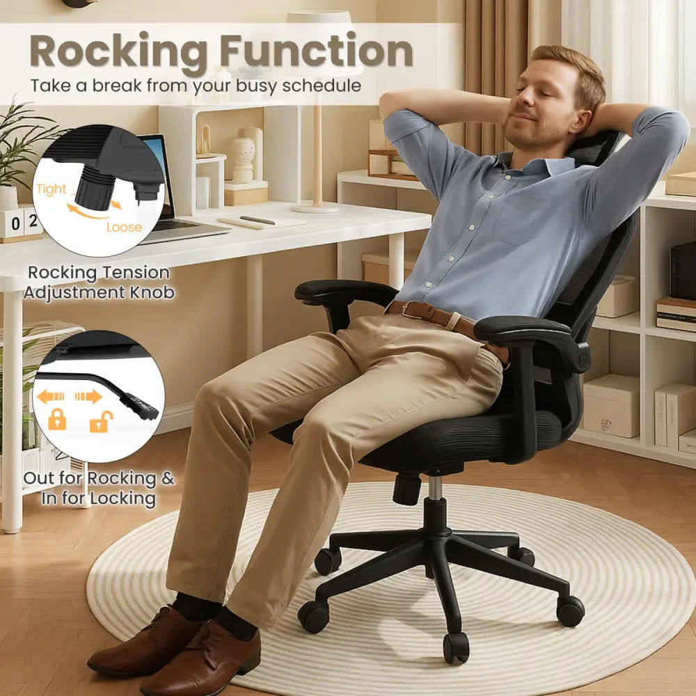 Ergonomic Mesh Office Chair with Adjustable Lumbar Support and Flip-up Armrests-Black - Black - Ergonomic Chairs
