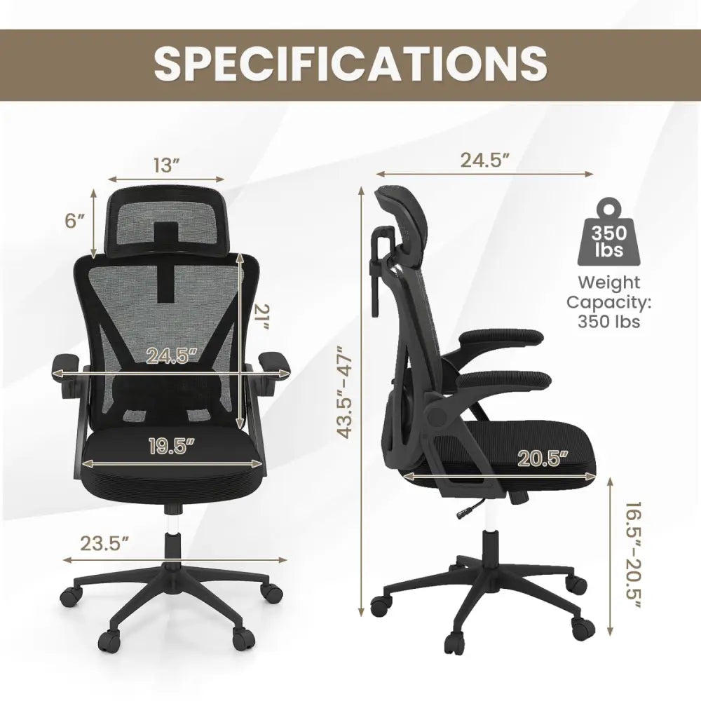 Ergonomic Mesh Office Chair with Adjustable Lumbar Support and Flip-up Armrests-Black - Black - Ergonomic Chairs