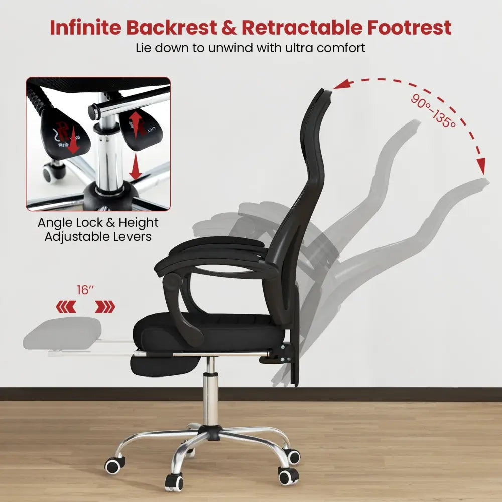 Ergonomic Mesh Office Chair with Footrest and Tilting Backrest-Black - Black - Ergonomic Chairs
