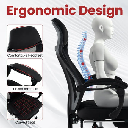 Ergonomic Mesh Office Chair with Footrest and Tilting Backrest-Black - Black - Ergonomic Chairs