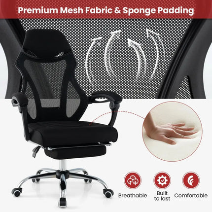 Ergonomic Mesh Office Chair with Footrest and Tilting Backrest-Black - Black - Ergonomic Chairs
