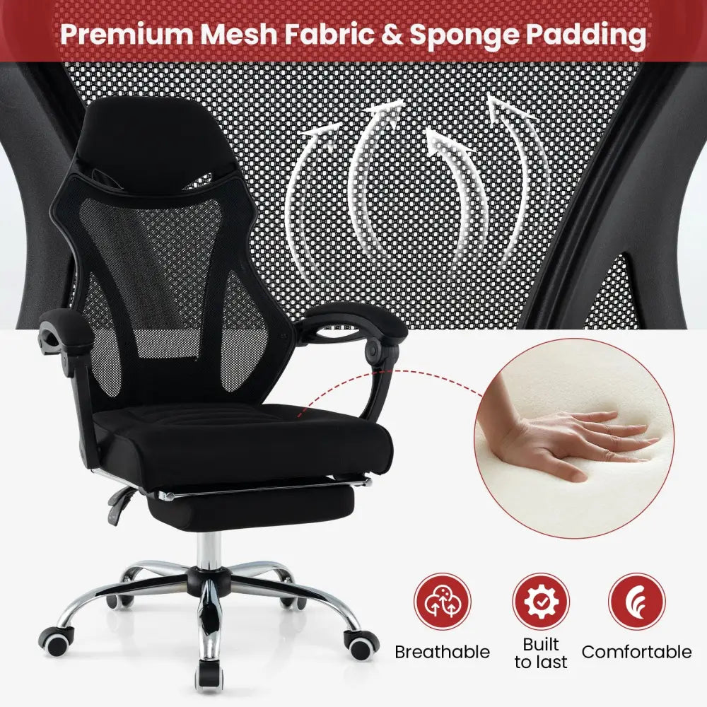 Ergonomic Mesh Office Chair with Footrest and Tilting Backrest-Black - Black - Ergonomic Chairs