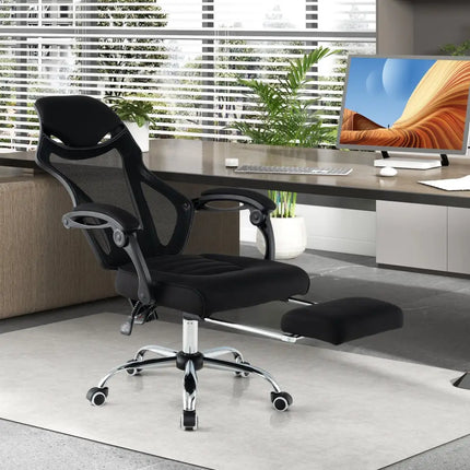 Ergonomic Mesh Office Chair with Footrest and Tilting Backrest-Black - Black - Ergonomic Chairs