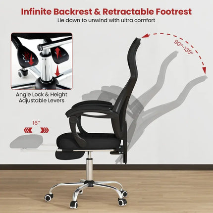 Ergonomic Mesh Office Chair with Footrest and Tilting Backrest-Black - Black - Ergonomic Chairs