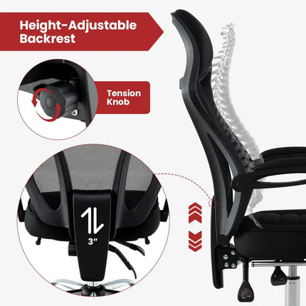 Ergonomic Mesh Office Chair with Footrest and Tilting Backrest-Black - Black - Ergonomic Chairs